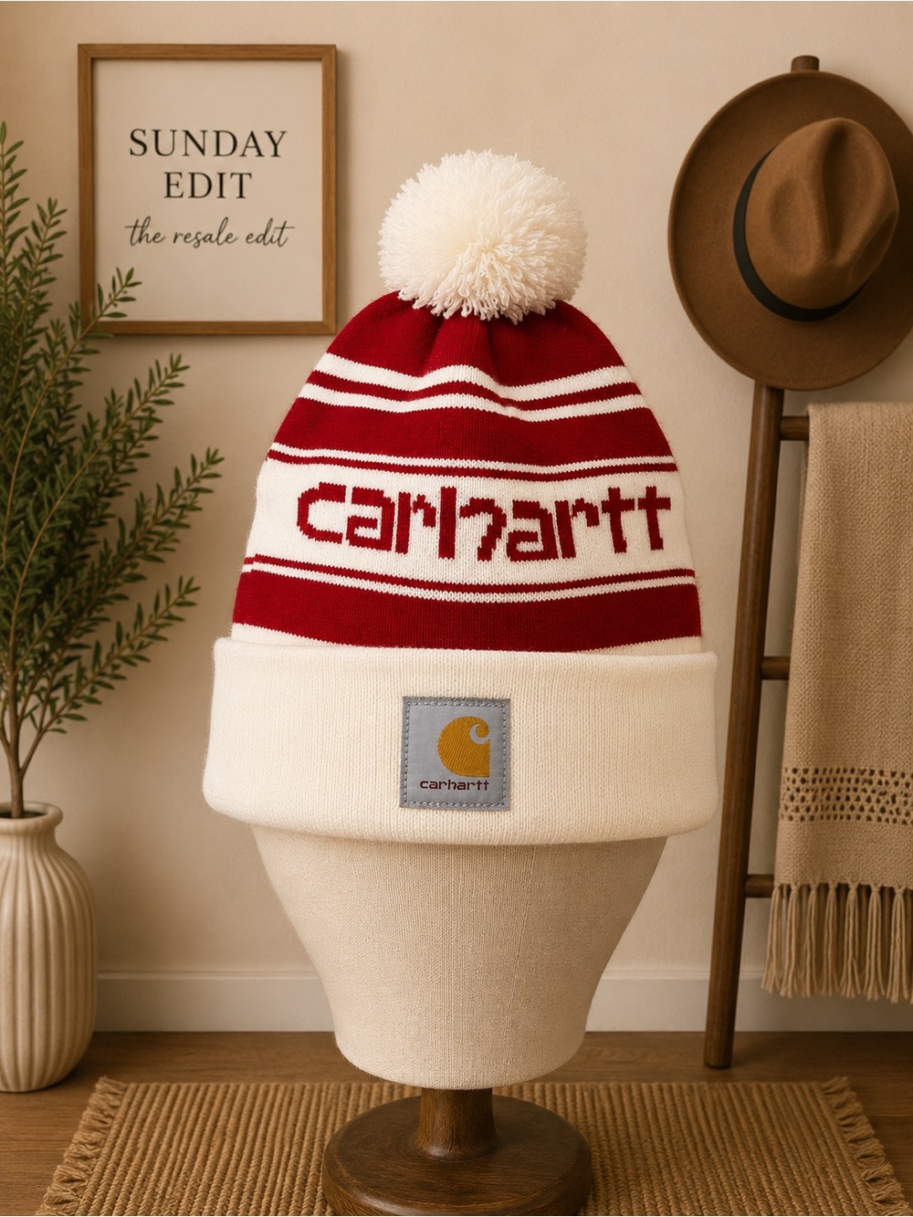 Carhartt Red & White Pom-Top Knit Hat